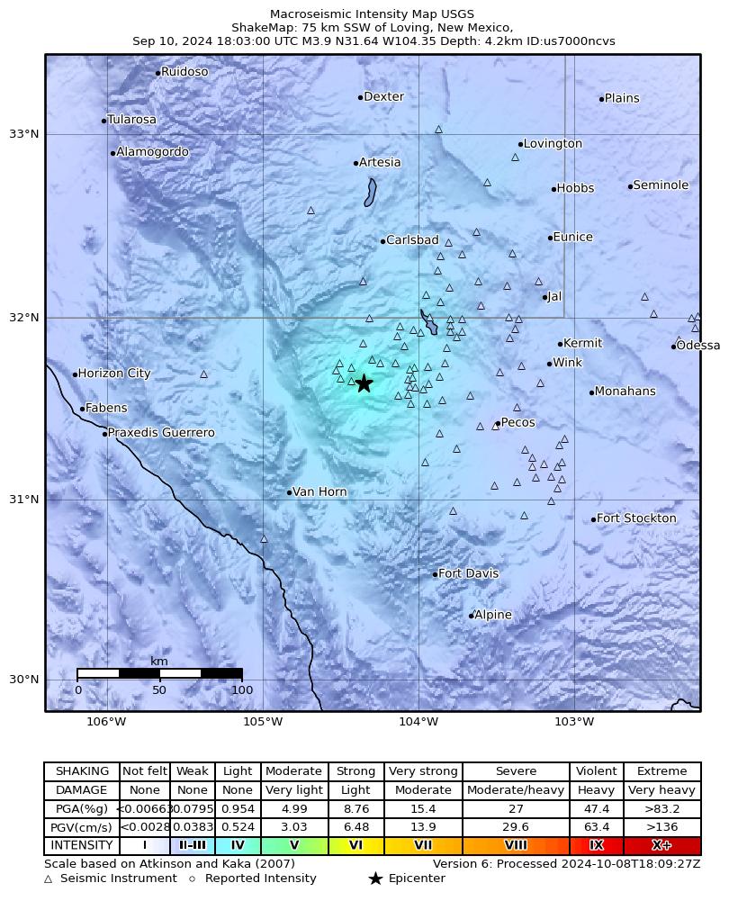 USGS ShakeMap intensity contours for the M3.8 earthquake near 56 km S of Whites City, New Mexico