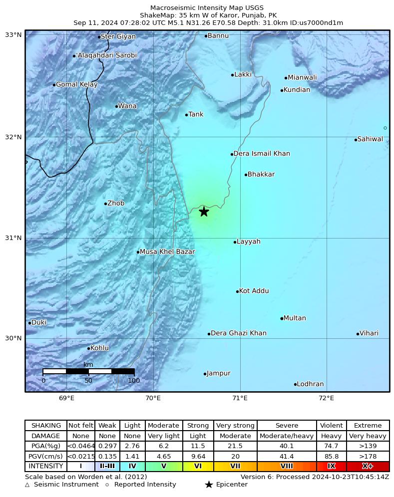 USGS ShakeMap intensity contours for the M5.1 earthquake near 35 km W of Karor, Pakistan