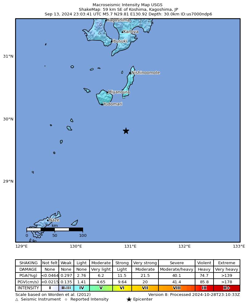 USGS ShakeMap intensity contours for the M5.7 earthquake near 59 km SE of Koshima, Japan