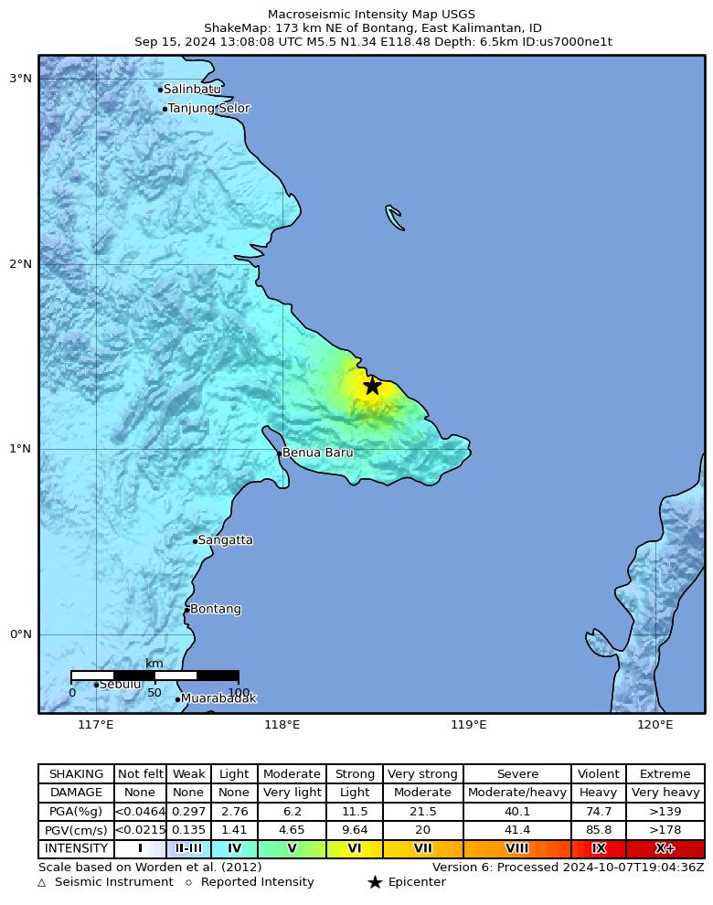 USGS ShakeMap intensity contours for the M5.5 earthquake near 173 km NE of Bontang, Indonesia