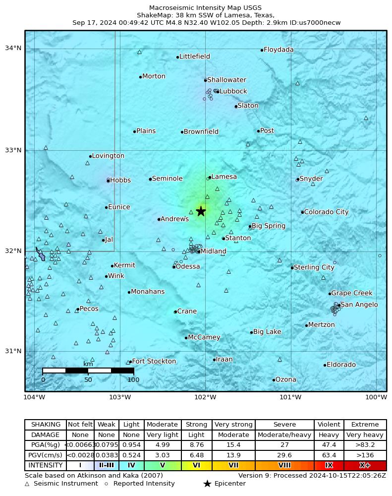 USGS ShakeMap intensity contours for the M5.1 earthquake near 2024 North of Tarzan, Texas Earthquake
