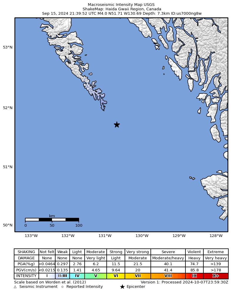 USGS ShakeMap intensity contours for the M4.0 earthquake near 281 km WNW of Port McNeill, Canada