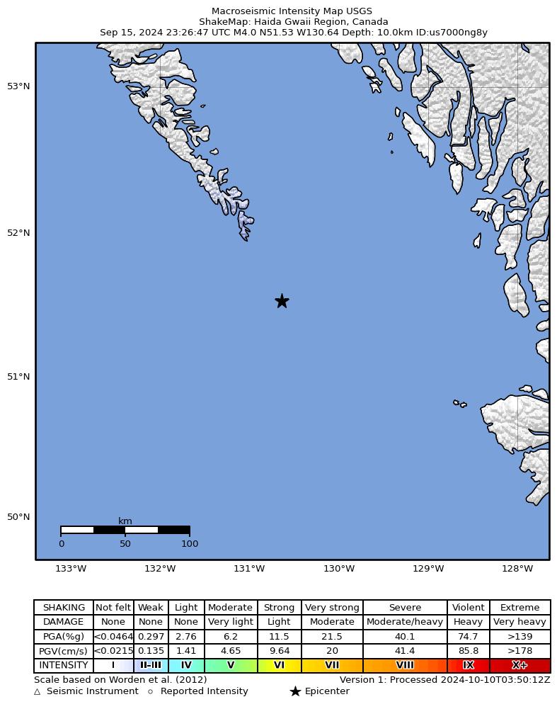 USGS ShakeMap intensity contours for the M4.0 earthquake near 270 km WNW of Port McNeill, Canada