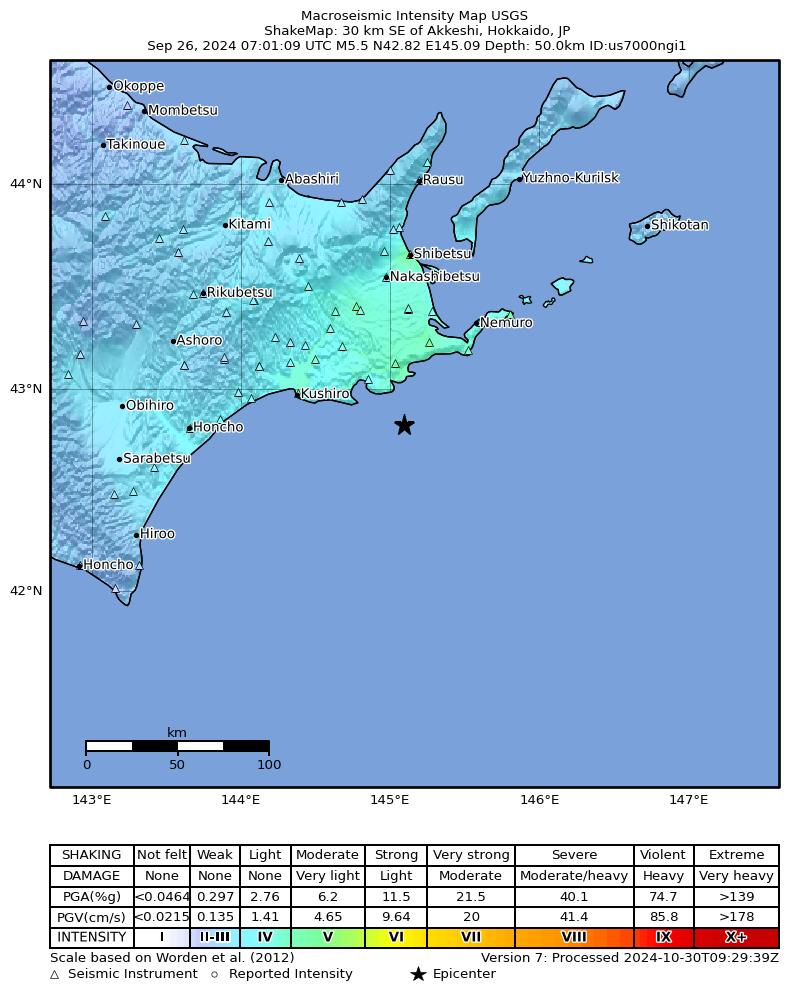 USGS ShakeMap intensity contours for the M5.5 earthquake near 30 km SE of Akkeshi, Japan