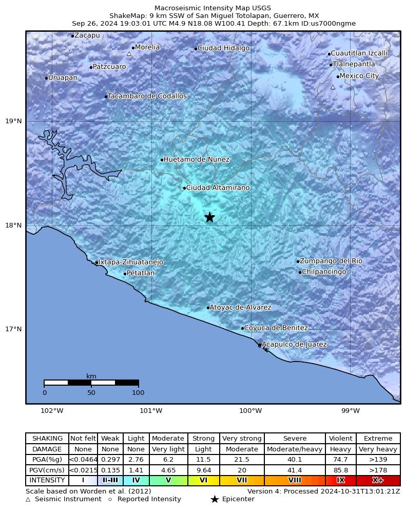 USGS ShakeMap intensity contours for the M4.9 earthquake near 9 km SSW of San Miguel Totolapan, Mexico