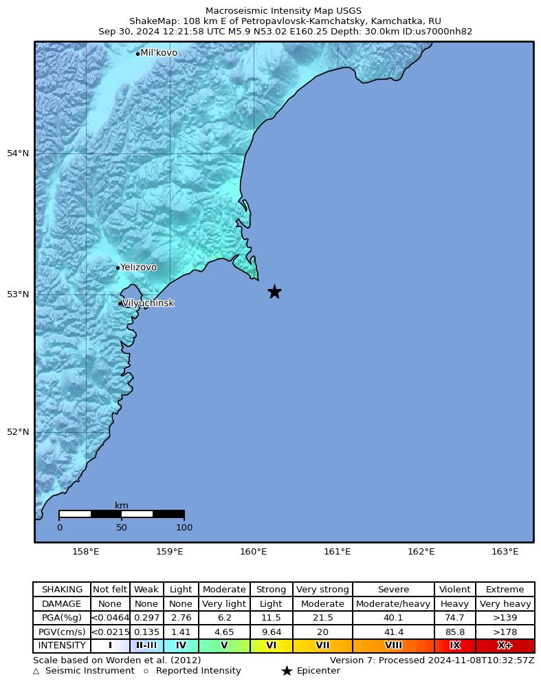 USGS ShakeMap intensity contours for the M5.9 earthquake near 108 km E of Petropavlovsk-Kamchatsky, Russia