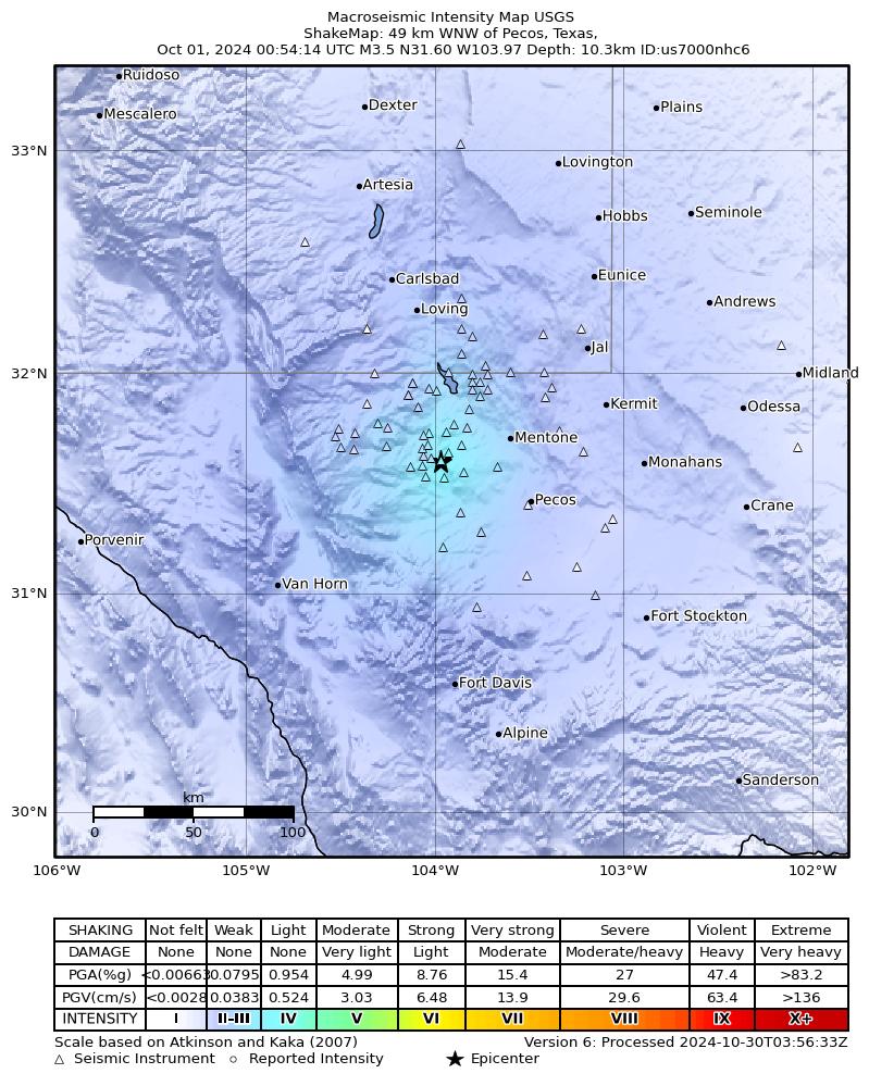 USGS ShakeMap: estimated shaking intensity around the epicenter