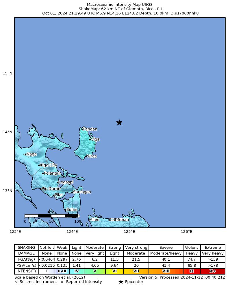 USGS ShakeMap intensity contours for the M5.9 earthquake near 62 km NE of Gigmoto, Philippines