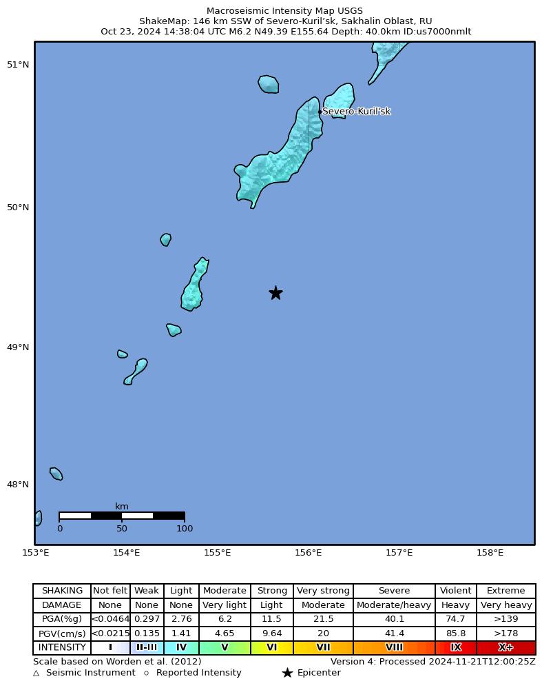 USGS ShakeMap intensity contours for the M6.2 earthquake near 146 km SSW of Severo-Kuril’sk, Russia