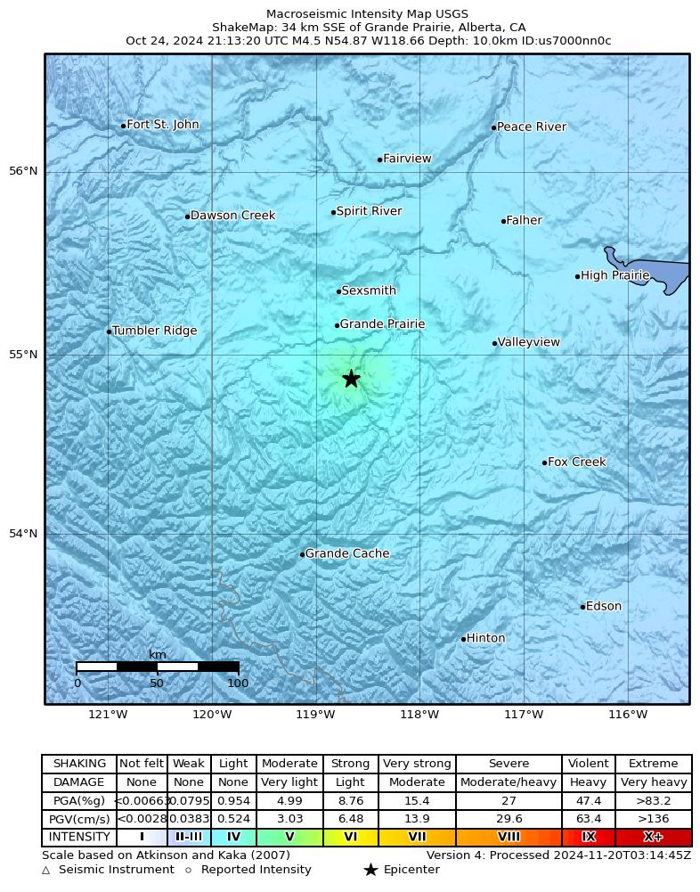 USGS ShakeMap intensity contours for the M4.5 earthquake near 34 km SSE of Grande Prairie, Canada
