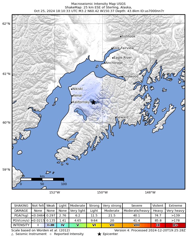 USGS ShakeMap intensity contours for the M2.9 earthquake near 25 km W of Cooper Landing, Alaska