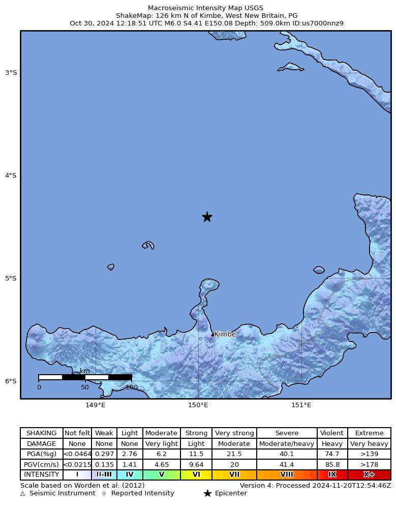 USGS ShakeMap intensity contours for the M6.0 earthquake near 126 km N of Kimbe, Papua New Guinea