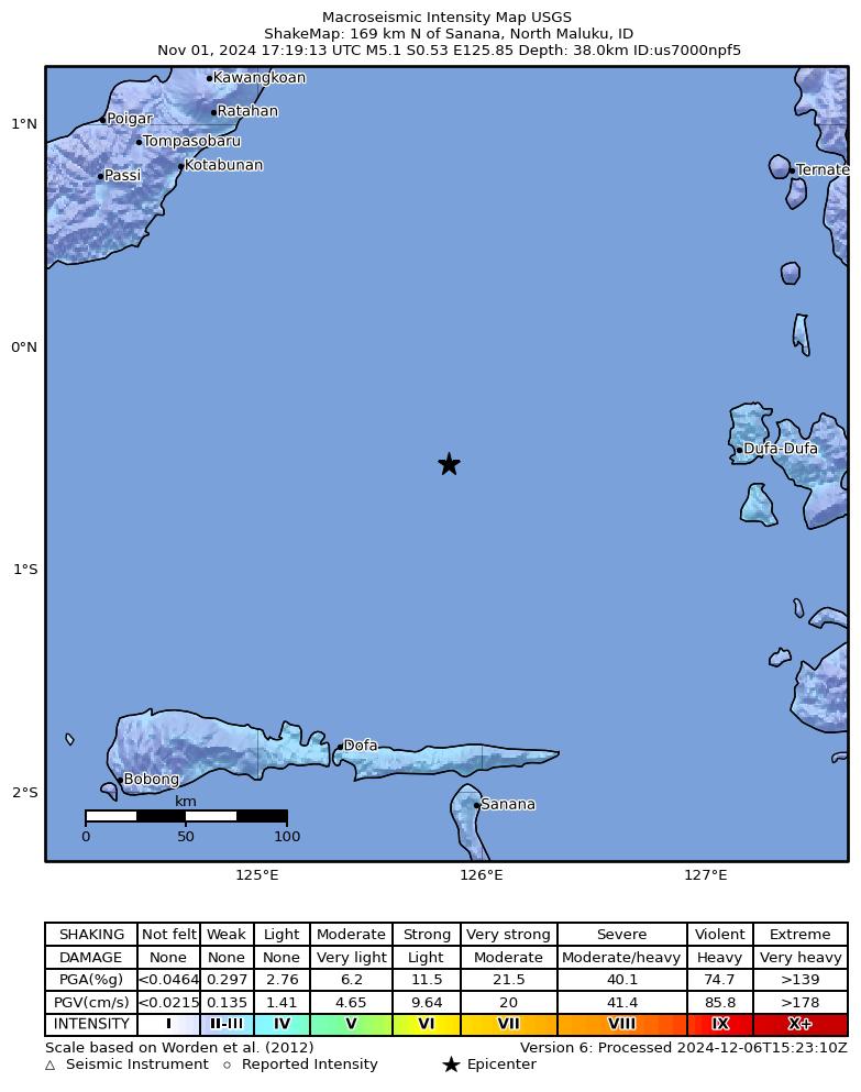 USGS ShakeMap intensity contours for the M5.1 earthquake near 169 km N of Sanana, Indonesia