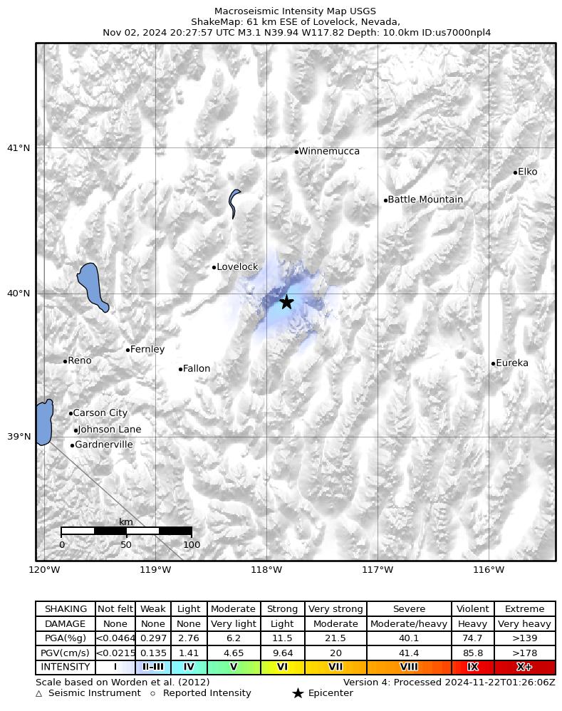 USGS ShakeMap intensity contours for the M3.2 earthquake near 57 km ESE of Lovelock, Nevada