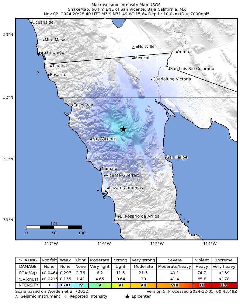 USGS ShakeMap intensity contours for the M3.9 earthquake near 60 km ENE of San Vicente, Mexico