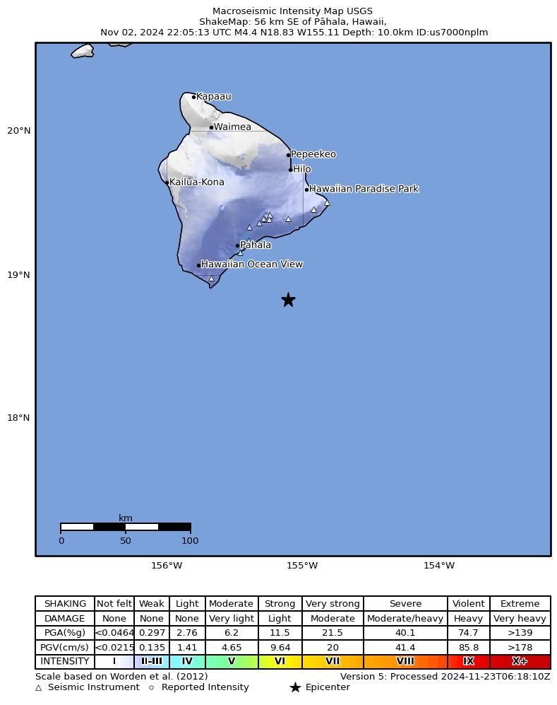 USGS ShakeMap intensity contours for the M4.3 earthquake near 50 km ESE of Naalehu, Hawaii