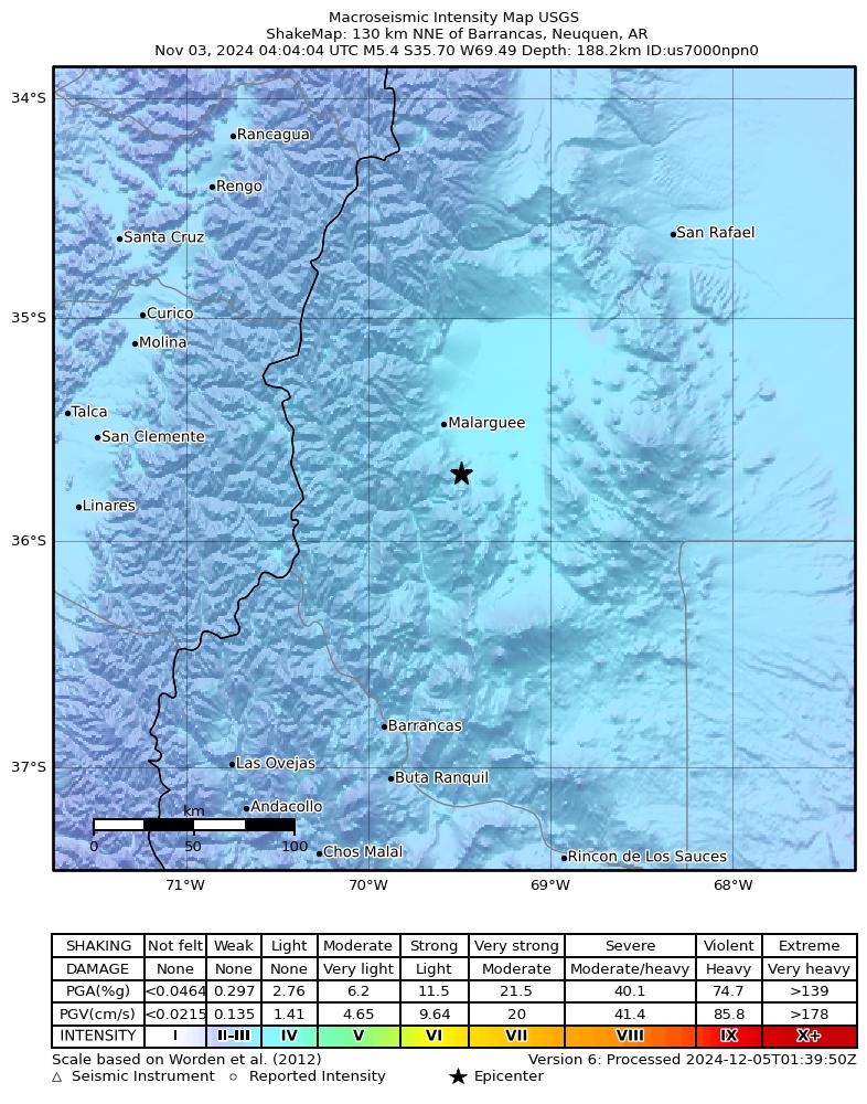 USGS ShakeMap intensity contours for the M5.4 earthquake near 130 km NNE of Barrancas, Argentina