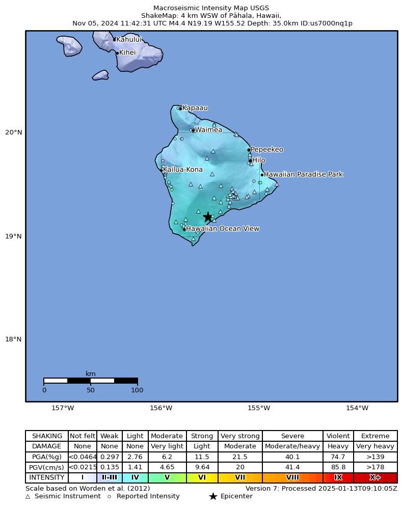 USGS ShakeMap intensity contours for the M4.8 earthquake near 5 km SW of Pāhala, Hawaii
