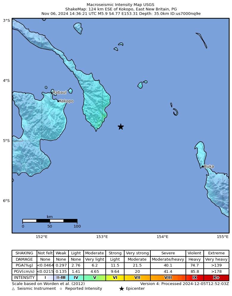USGS ShakeMap intensity contours for the M5.9 earthquake near 124 km ESE of Kokopo, Papua New Guinea