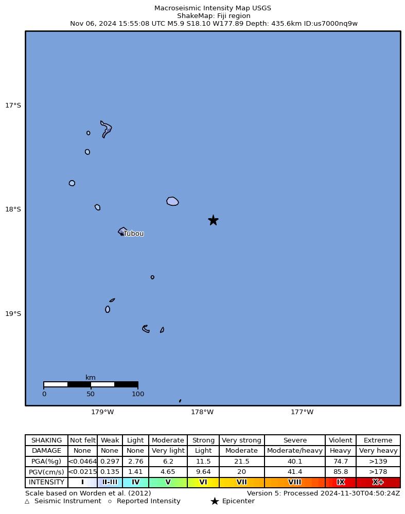 USGS ShakeMap intensity contours for the M5.9 earthquake near 295 km E of Levuka, Fiji