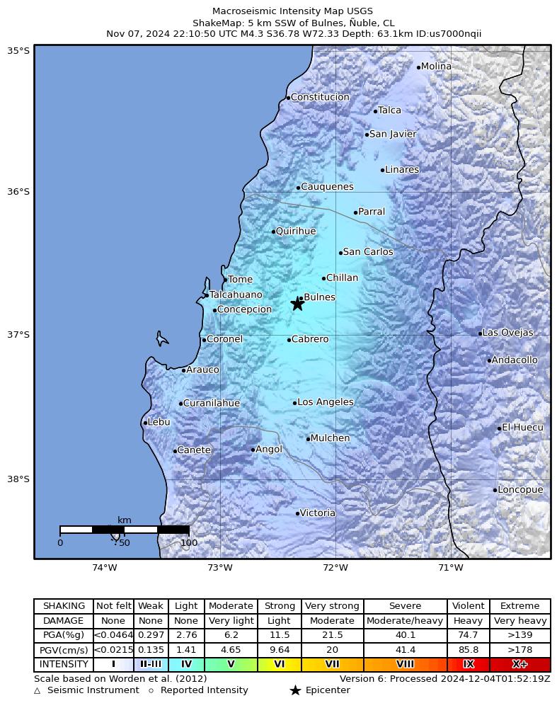 USGS ShakeMap intensity contours for the M4.3 earthquake near 5 km SSW of Bulnes, Chile