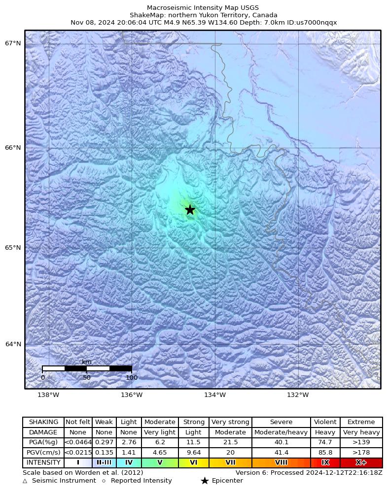 USGS ShakeMap intensity contours for the M4.9 earthquake near 273 km ENE of Dawson City, Canada
