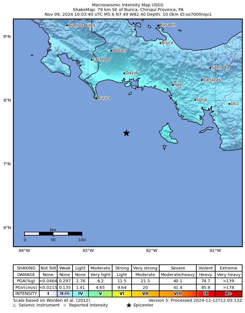 USGS ShakeMap intensity contours for the M5.6 earthquake near 79 km SE of Burica, Panama