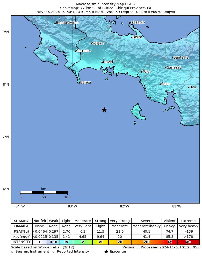 USGS ShakeMap intensity contours for the M5.8 earthquake near 77 km SE of Burica, Panama