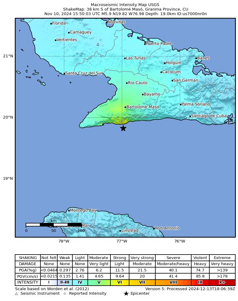 USGS ShakeMap intensity contours for the M5.9 earthquake near 38 km S of Bartolomé Masó, Cuba