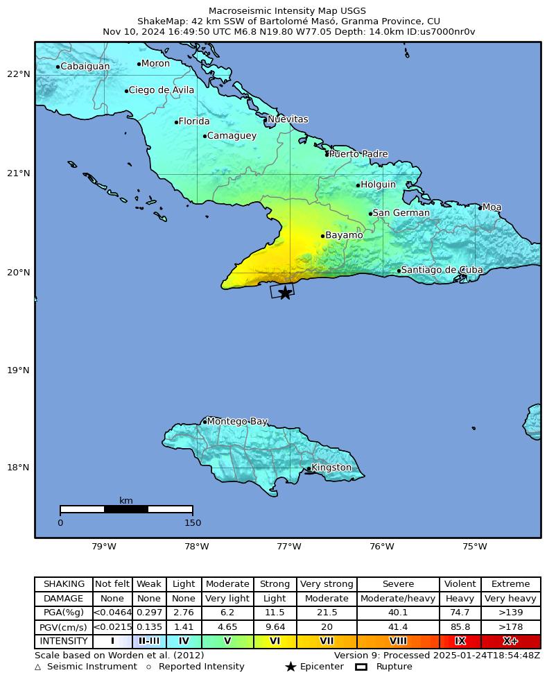 USGS ShakeMap intensity contours for the M6.8 earthquake near 42 km SSW of Bartolomé Masó, Cuba