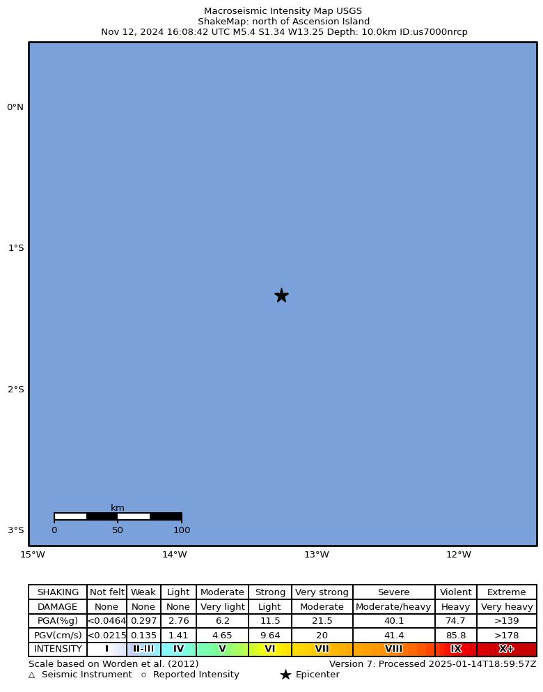 USGS ShakeMap intensity contours for the M5.4 earthquake near north of Ascension Island