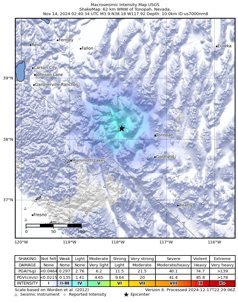 USGS ShakeMap: estimated shaking intensity around the epicenter
