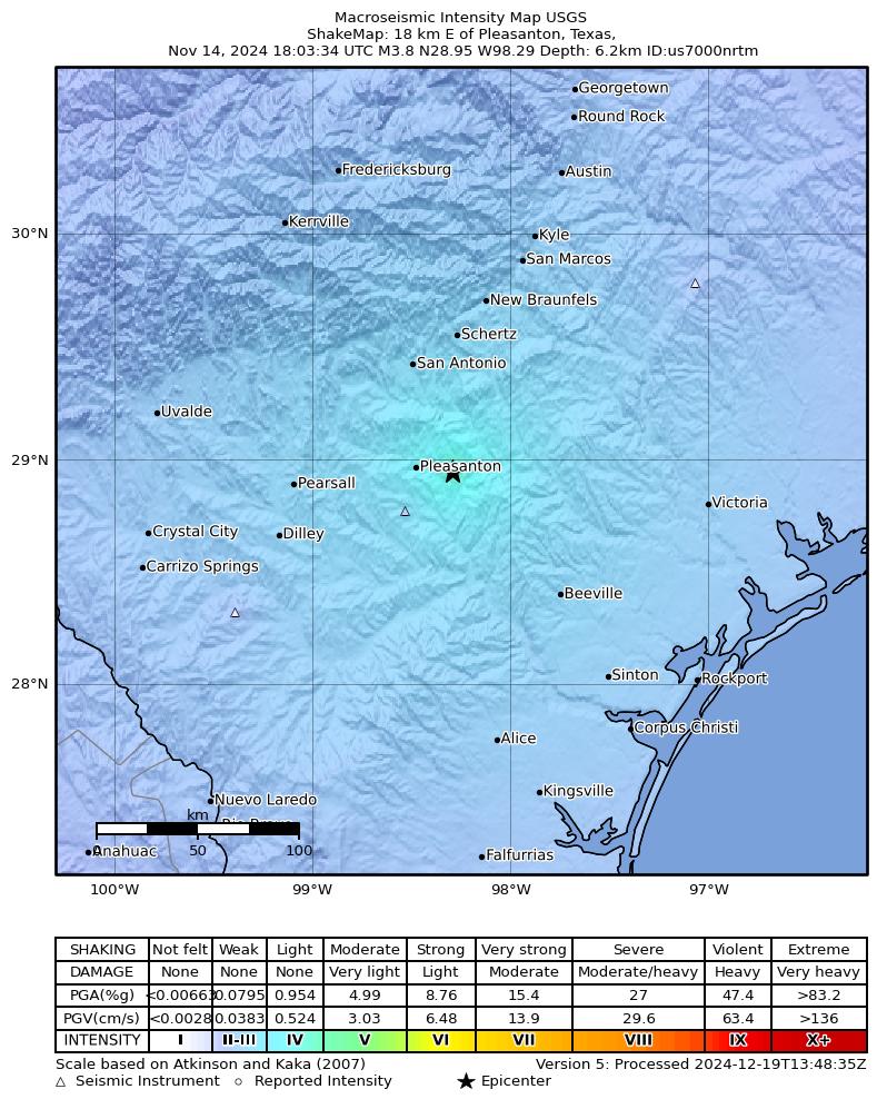 USGS ShakeMap intensity contours for the M3.7 earthquake near 18 km E of Pleasanton, Texas