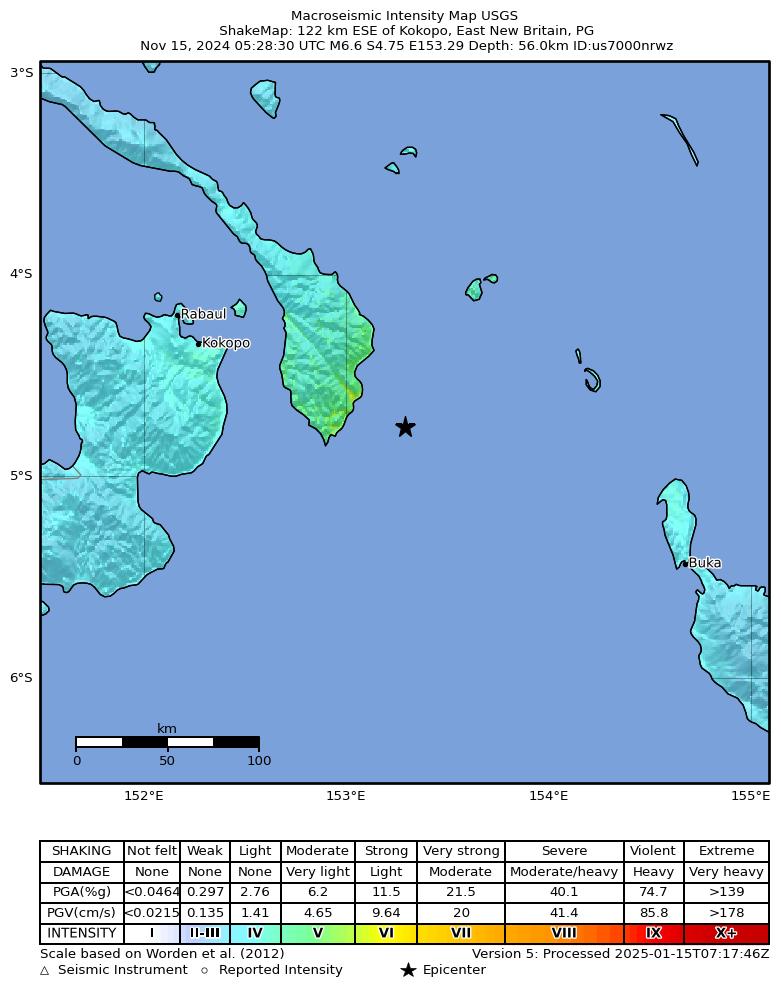 USGS ShakeMap intensity contours for the M6.6 earthquake near 122 km ESE of Kokopo, Papua New Guinea