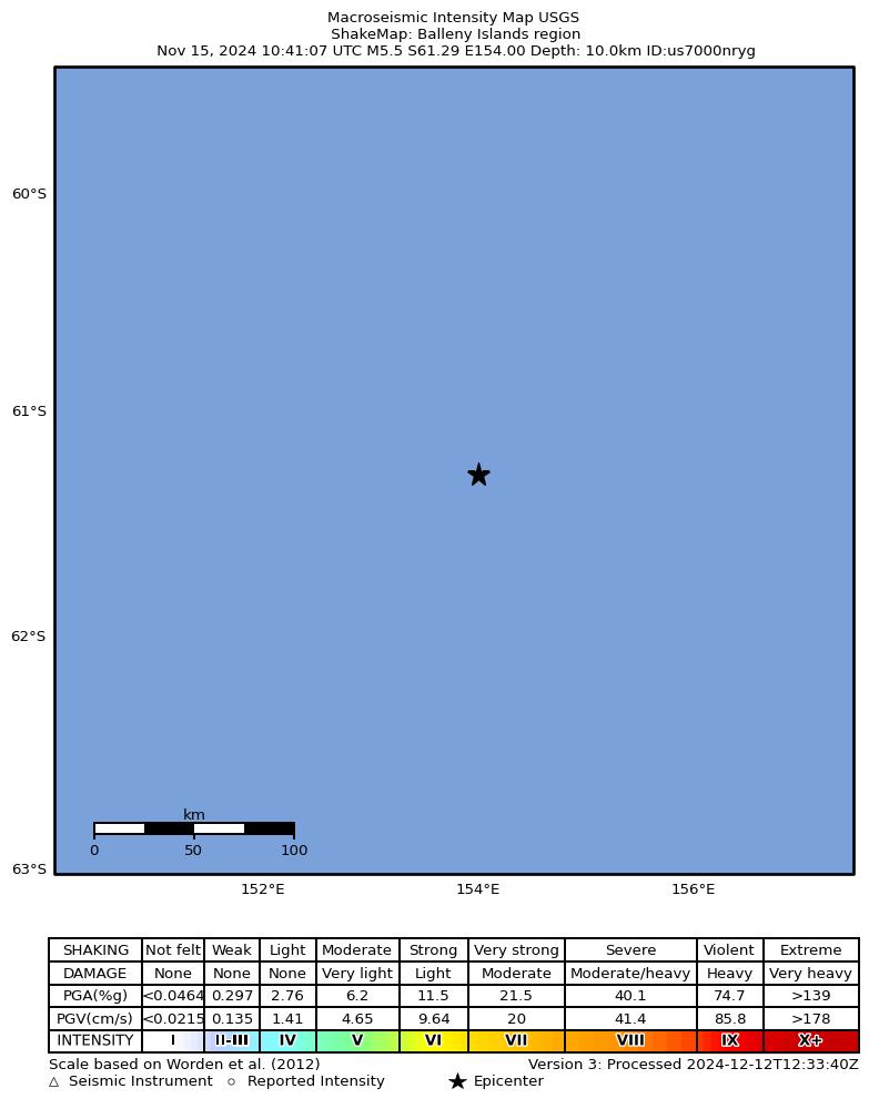 USGS ShakeMap intensity contours for the M5.5 earthquake near Balleny Islands region