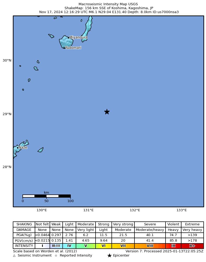 USGS ShakeMap intensity contours for the M6.1 earthquake near 156 km SSE of Koshima, Japan