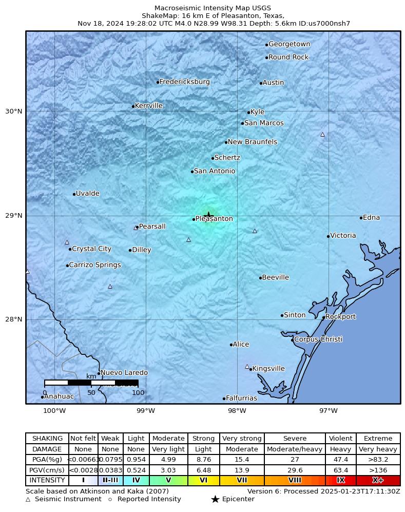 USGS ShakeMap intensity contours for the M3.8 earthquake near 17 km E of Pleasanton, Texas