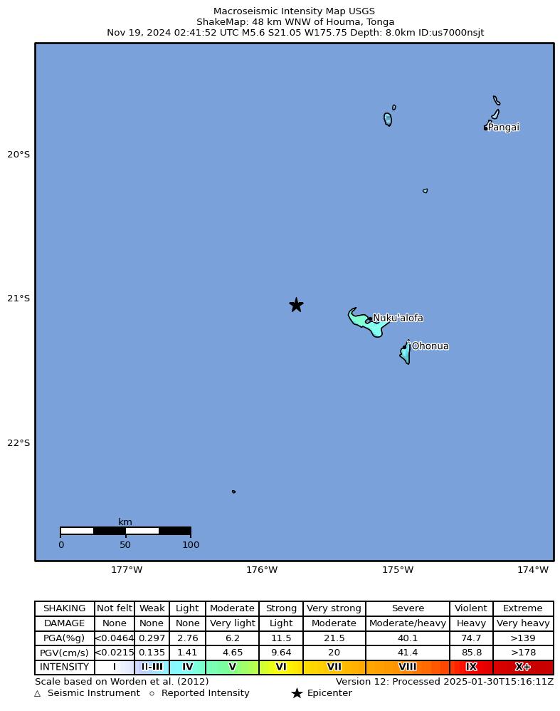 USGS ShakeMap intensity contours for the M5.6 earthquake near 48 km WNW of Houma, Tonga