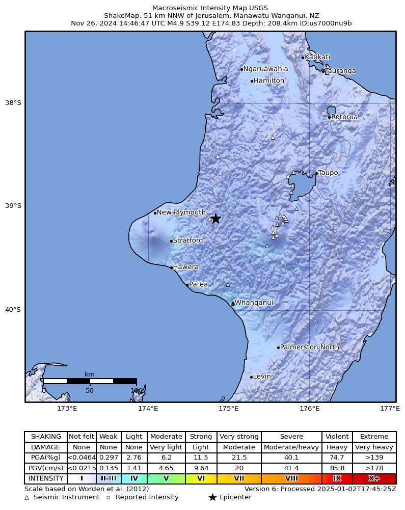 USGS ShakeMap intensity contours for the M4.9 earthquake near 51 km NNW of Jerusalem, New Zealand