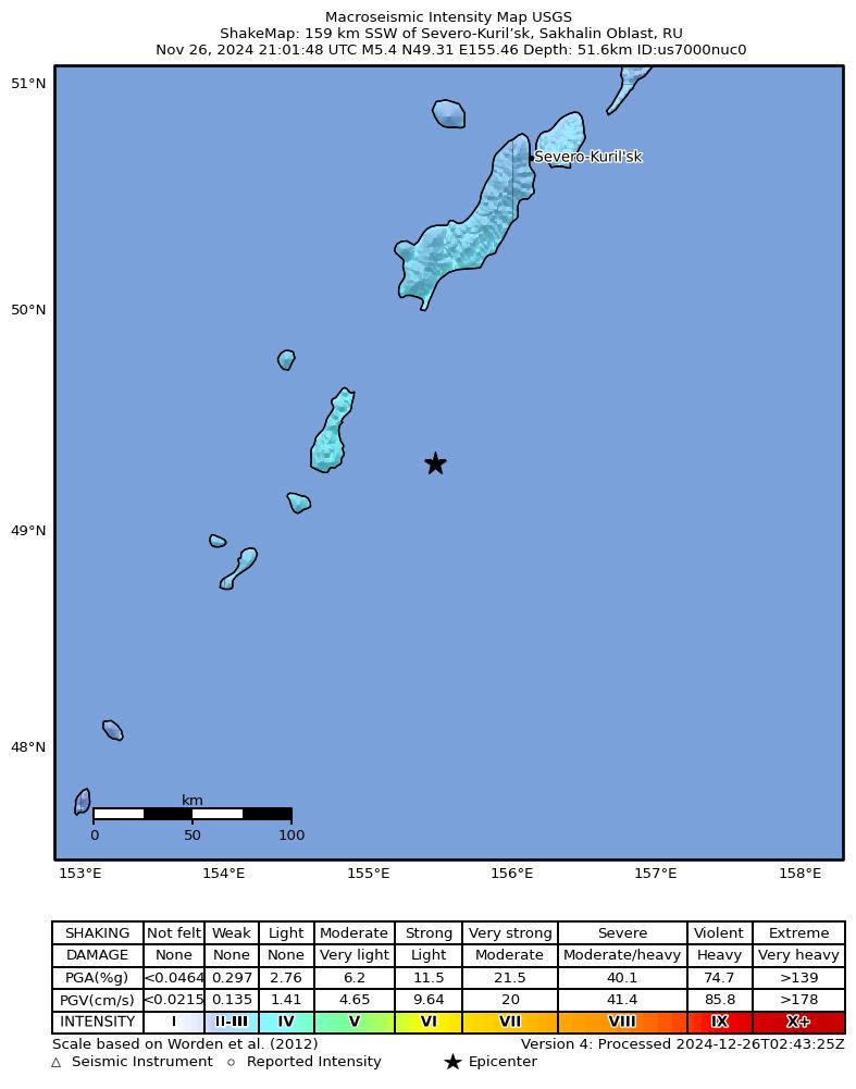 USGS ShakeMap intensity contours for the M5.4 earthquake near 159 km SSW of Severo-Kuril’sk, Russia