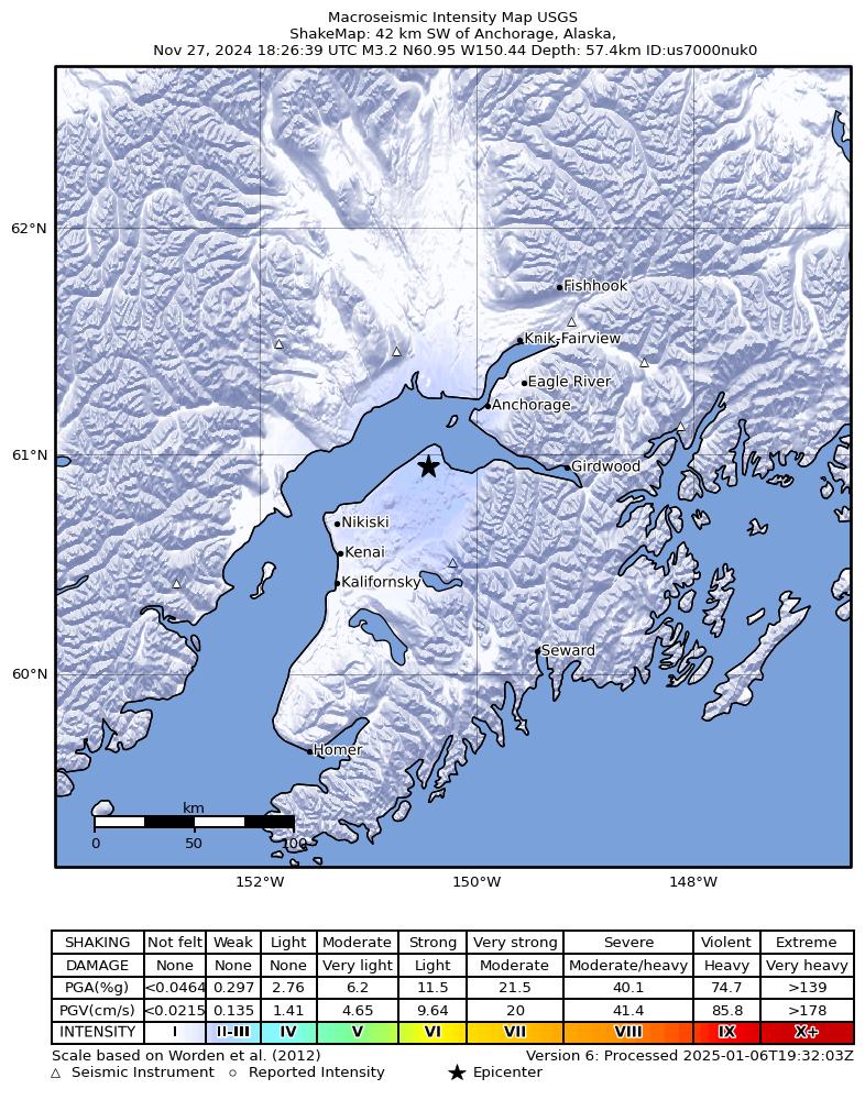 USGS ShakeMap intensity contours for the M3.1 earthquake near 12 km E of Point Possession, Alaska