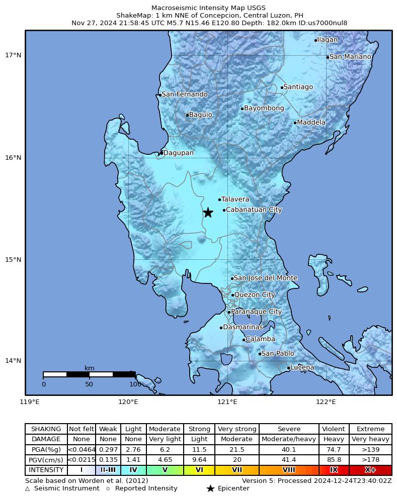 USGS ShakeMap intensity contours for the M5.7 earthquake near 1 km NNE of Concepcion, Philippines