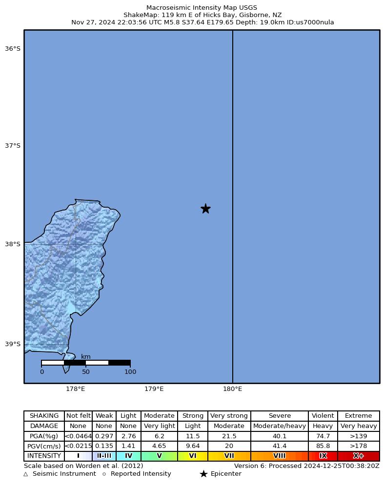 USGS ShakeMap intensity contours for the M5.8 earthquake near 119 km E of Hicks Bay, New Zealand