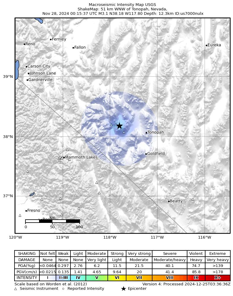 USGS ShakeMap: estimated shaking intensity around the epicenter