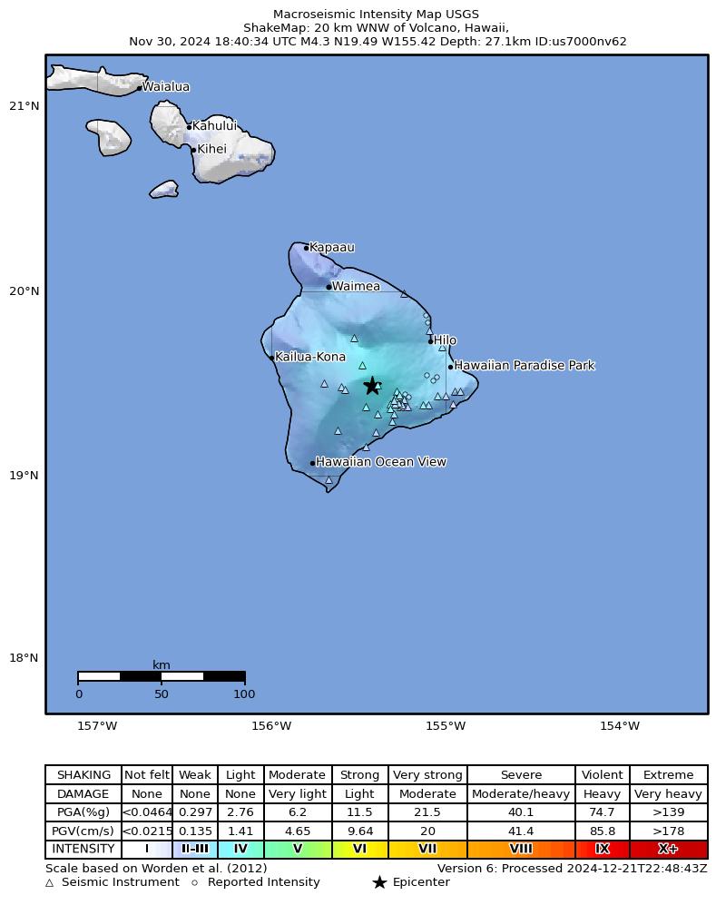 USGS ShakeMap intensity contours for the M4.0 earthquake near 17 km WNW of Volcano, Hawaii