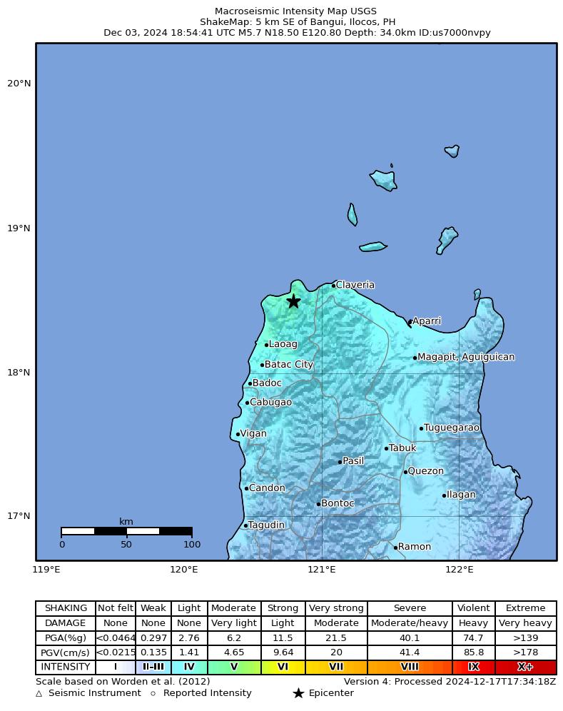 USGS ShakeMap intensity contours for the M5.7 earthquake near 5 km SE of Bangui, Philippines