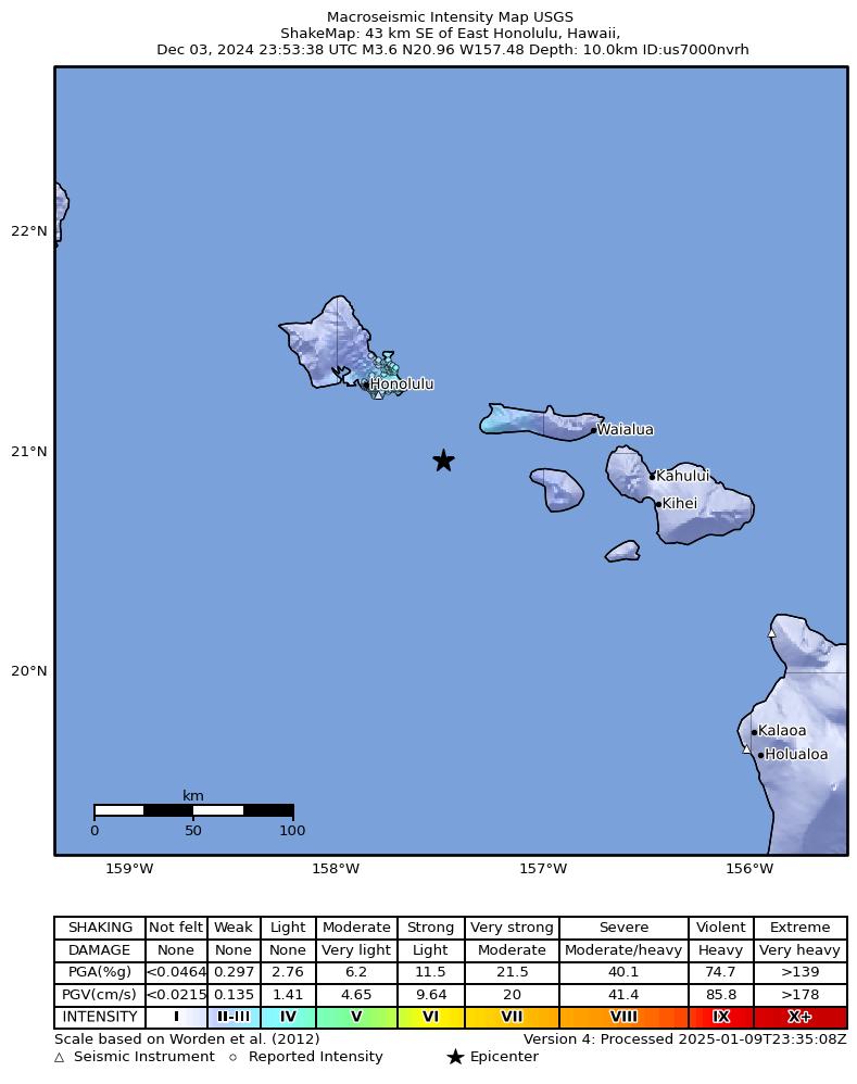 USGS ShakeMap intensity contours for the M3.5 earthquake near 23 km WNW of Maunaloa, Hawaii