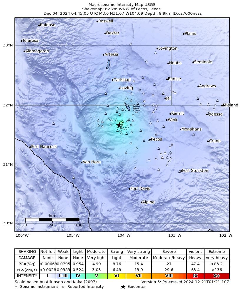USGS ShakeMap: estimated shaking intensity around the epicenter