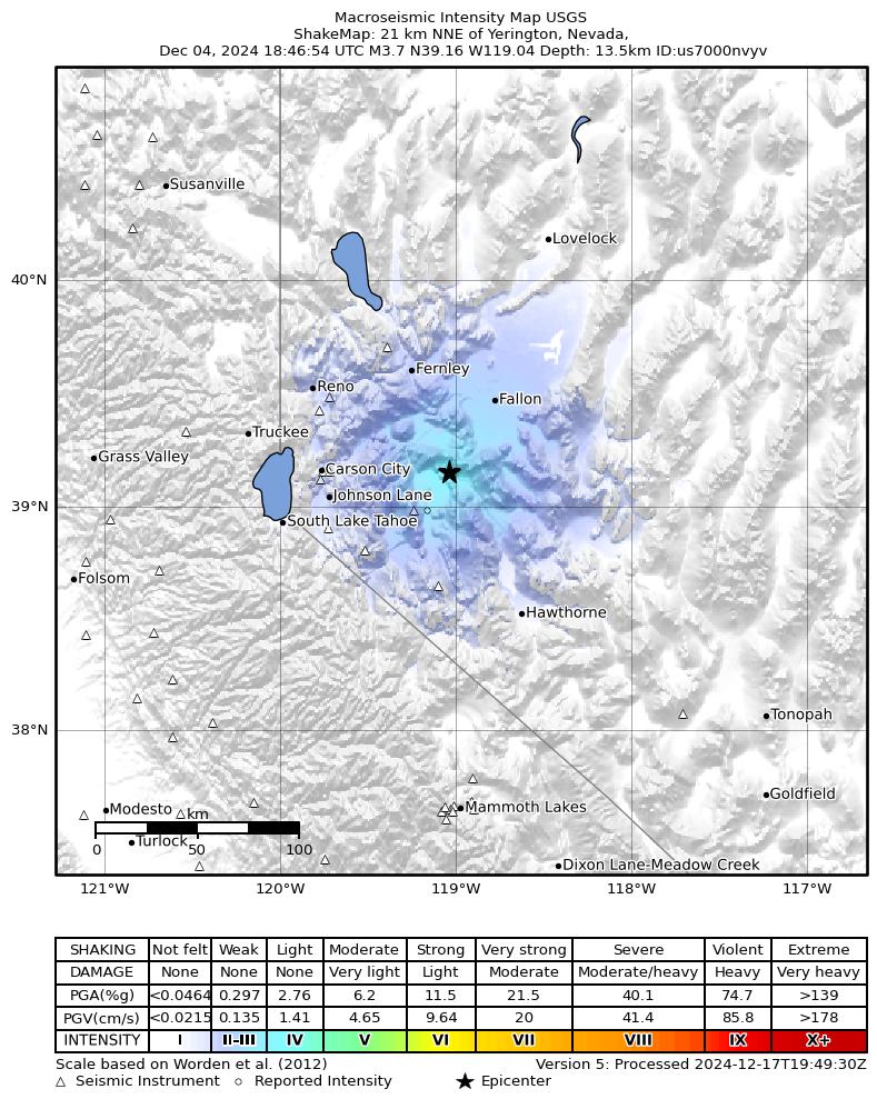 USGS ShakeMap intensity contours for the M3.8 earthquake near 22 km NNE of Yerington, Nevada