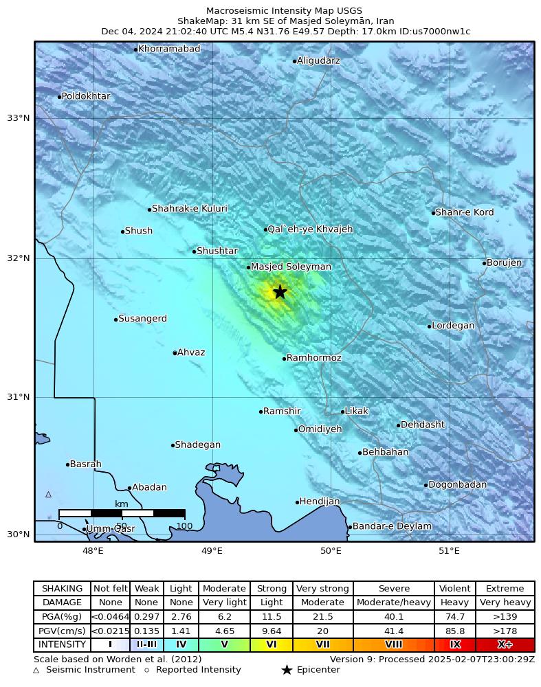 USGS ShakeMap intensity contours for the M5.4 earthquake near 31 km SE of Masjed Soleymān, Iran